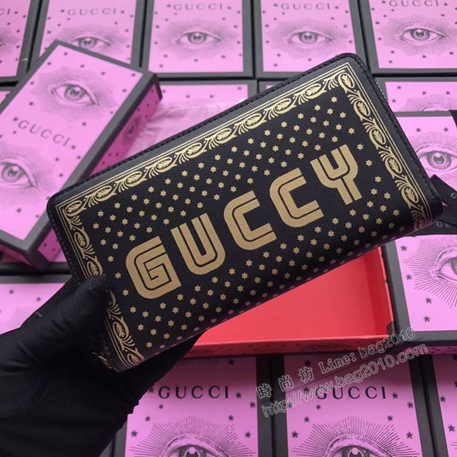 Gucci包 古馳錢包 510488黑全皮 原單SEGA標誌拉鏈包 圖形字體結合星星和邊框圖案 Gucci拉鏈長錢包  gudj1061